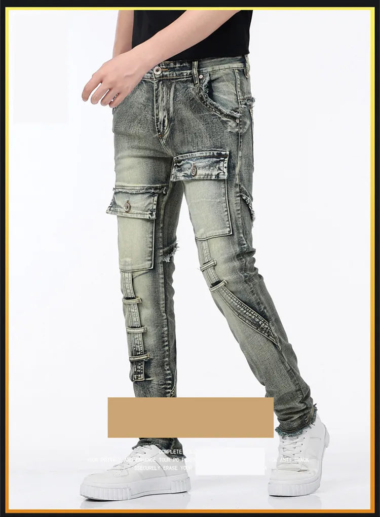 High-Quality Stylish Washed Men's Luxury Designer Jeans Trendy Men Vintage Denim Stretch  Workwear  Motorcycle Boyfriend Jeans