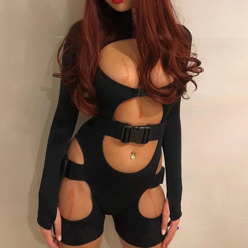 Elegant Hot Girl Style Black Hollow Out Functional Bodysuit Women Trendy Buckle Slimming Short Sleeve Top Casual Streetwear