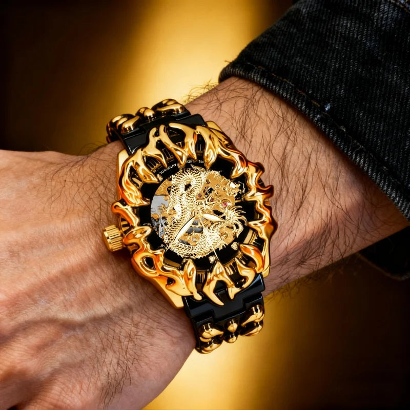 A men's black and gold steel strap casual niche carved dragon pattern mechanical watch