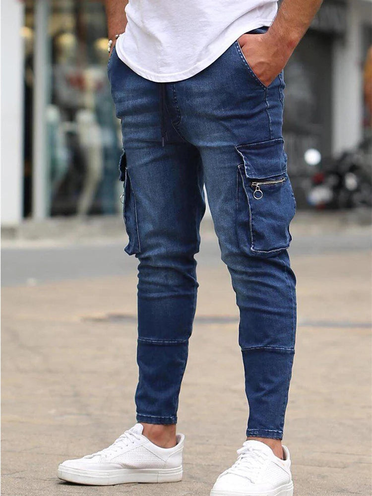 Mens Stretch Jeans Black Big Side Pockets Cargo Jeans Fashion Zipper Small Foot Denim Pants Elastic Jogging Trousers Streetwear