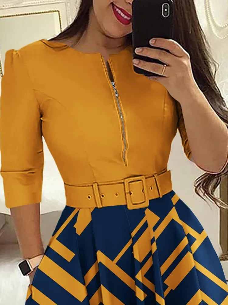 Casual O-neck Long Sleeve Dress Office Lady Spring Autumn Fashion Elegant Striped Print Pleated Dresses For Women 2023 Female