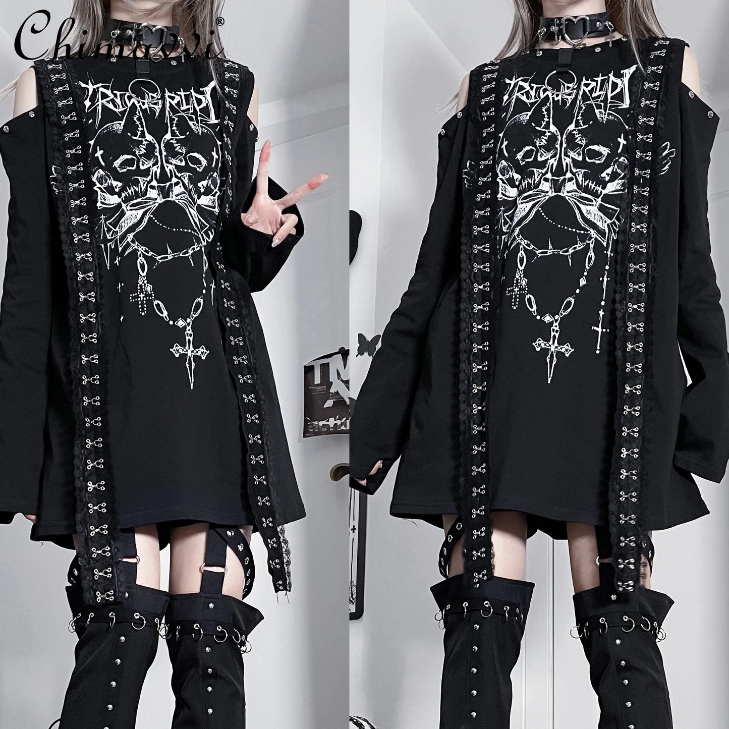 Original Gothic Printed Subculture T-shirt Top Spring New Japanese Punk Dark Girl Loose Long-sleeved Off-the-shoulder Tshirts