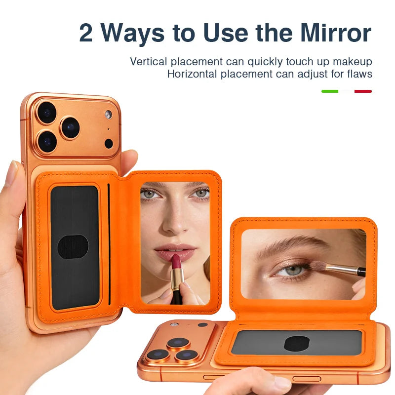 Thin Leather Wallet Magnetic Cellphone Card Holder For IPhone 16 15 14 13 18 17 Pro Max For Magsafe Bring Your Own Makeup Mirror