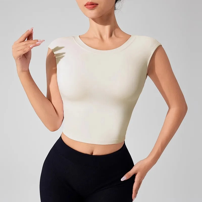 Women's Backless Fitness Clothes with Fixed Chest Pad Beautiful Top Short Sleeve Dance Sport  T-Shirt Yoga Wear
