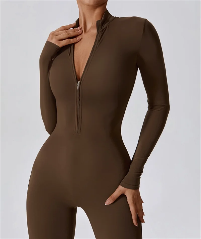 Half zip integrated long yoga jumpsuit solid color sexy long sleeved integrated sportswear for women