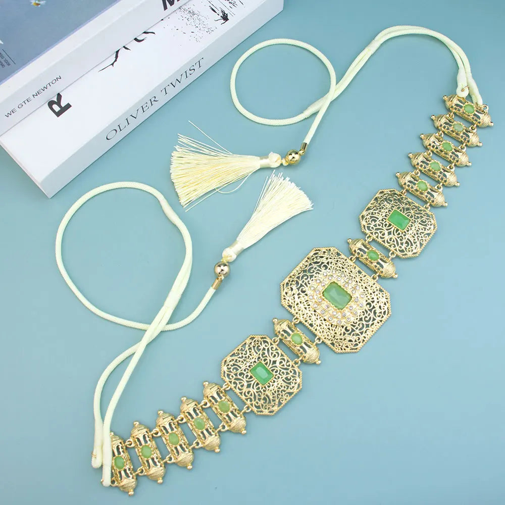 Sunspicems Gold Color Moroccan Caftan Belt Arabic Hand Rope Waist Chain Adjustable Length Women Belt Tassel Metal Body Jewelry