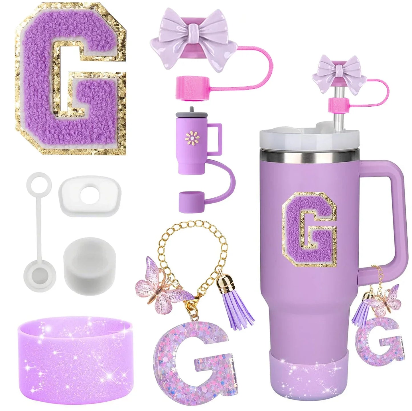 8PCS Accessories Set for Stanley Cup Purple 30oz 40oz tumbler Silicone Straw Topper Cover Cap Boot Handle Charm Initials Sticker