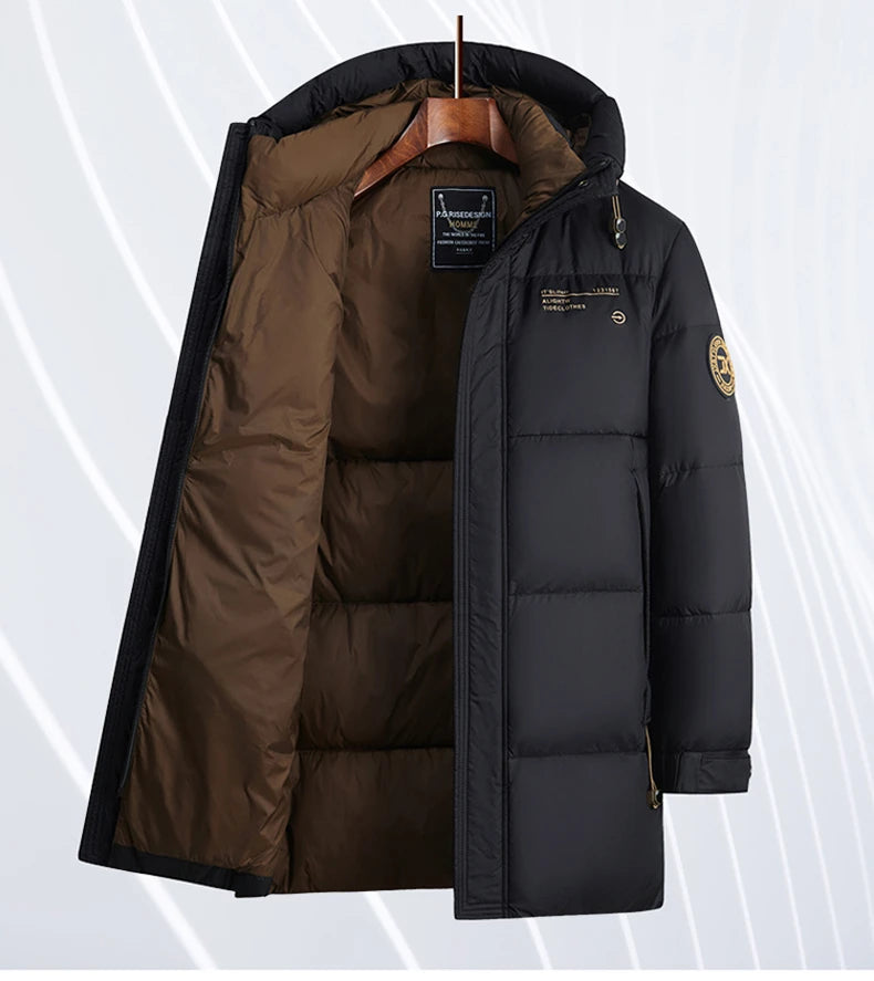 Leichte Luxus-Daunenjacke für Herren, lang, Winter 2024, trendig, 90 % weiße Entendaunen, warmer Mantel, Business-Casual-Mütze, leichte Daunenjacke