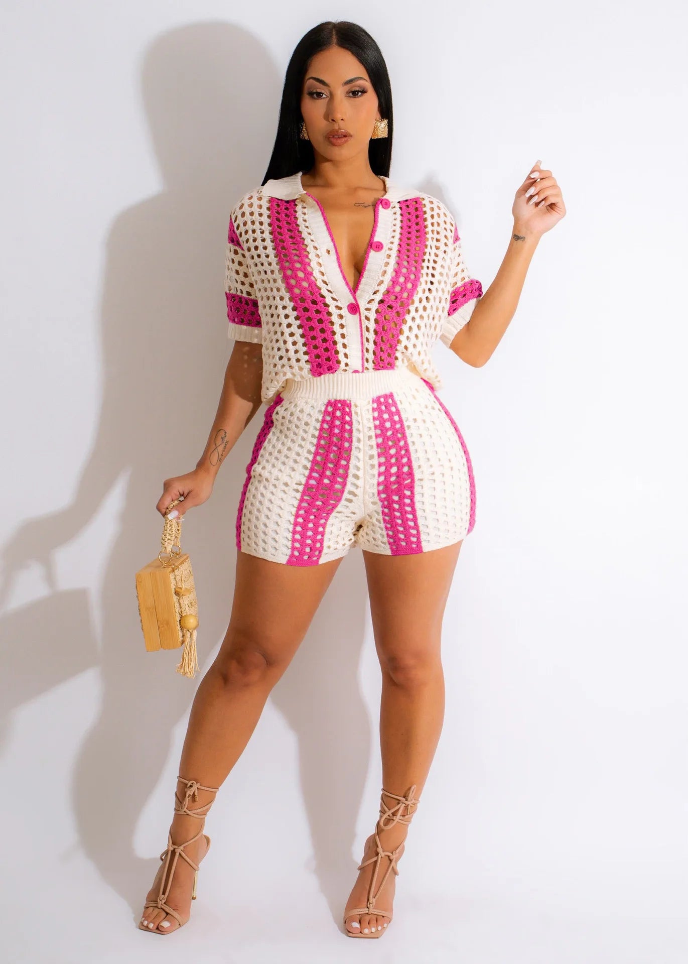 Women's Two Pieces Set Knit Ribbed Crochet Patchwork Outfits Short Sleeve Shirt Sweater Short Suit  Two Set Outfit Tracksuit