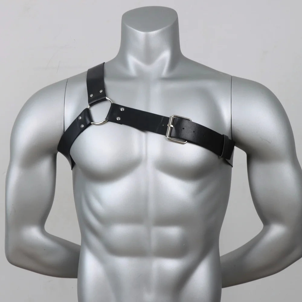 Gothic Punk Men'S Black Faux Leather Straps with Chest Harness & Arm Bands, Suits and Casual Attire, Stylish and Comfortable