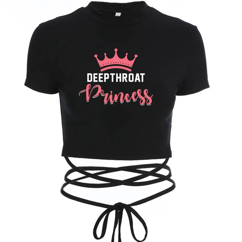 Deepthroat Princess Women Crop Top Black Short Bandage Tee Tops Girls Sexy TShirt Harajuku High Elasticity Tight Short Sleeves