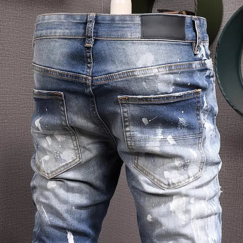 Retro Style Men's Slim Fit Jeans Distressed Hole Design Elastic Casual Long Pants Youth Trendy Street Style Straight Leg Jeans