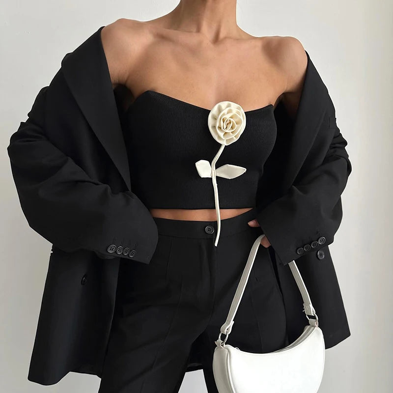 CUTENOVA Flower Tube Top Damen Crop Top Schlank Solide Elegante Casual Fashion Sommer Damen Ärmelloses Cropped Top Schlank Trägerlos