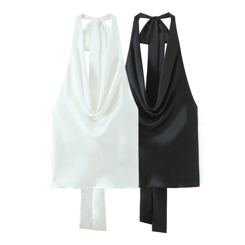 Women Casual Satin Halter Top with Adjustable Tie Sleeveless Open Back Solid Collar Vest Summer Beach Style Casual Female Blouse