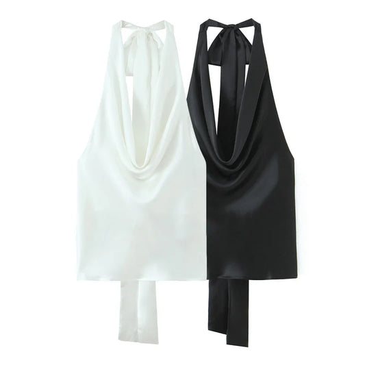 Women Casual Satin Halter Top with Adjustable Tie Sleeveless Open Back Solid Collar Vest Summer Beach Style Casual Female Blouse
