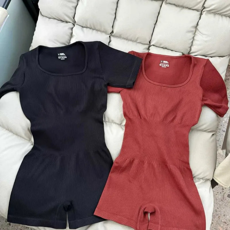 Seamless Ribbed Short Sleeve Bodysuit Women Yoga Outfit Tummy Control Sportswear for Running Workout Gym Fitness Clothes