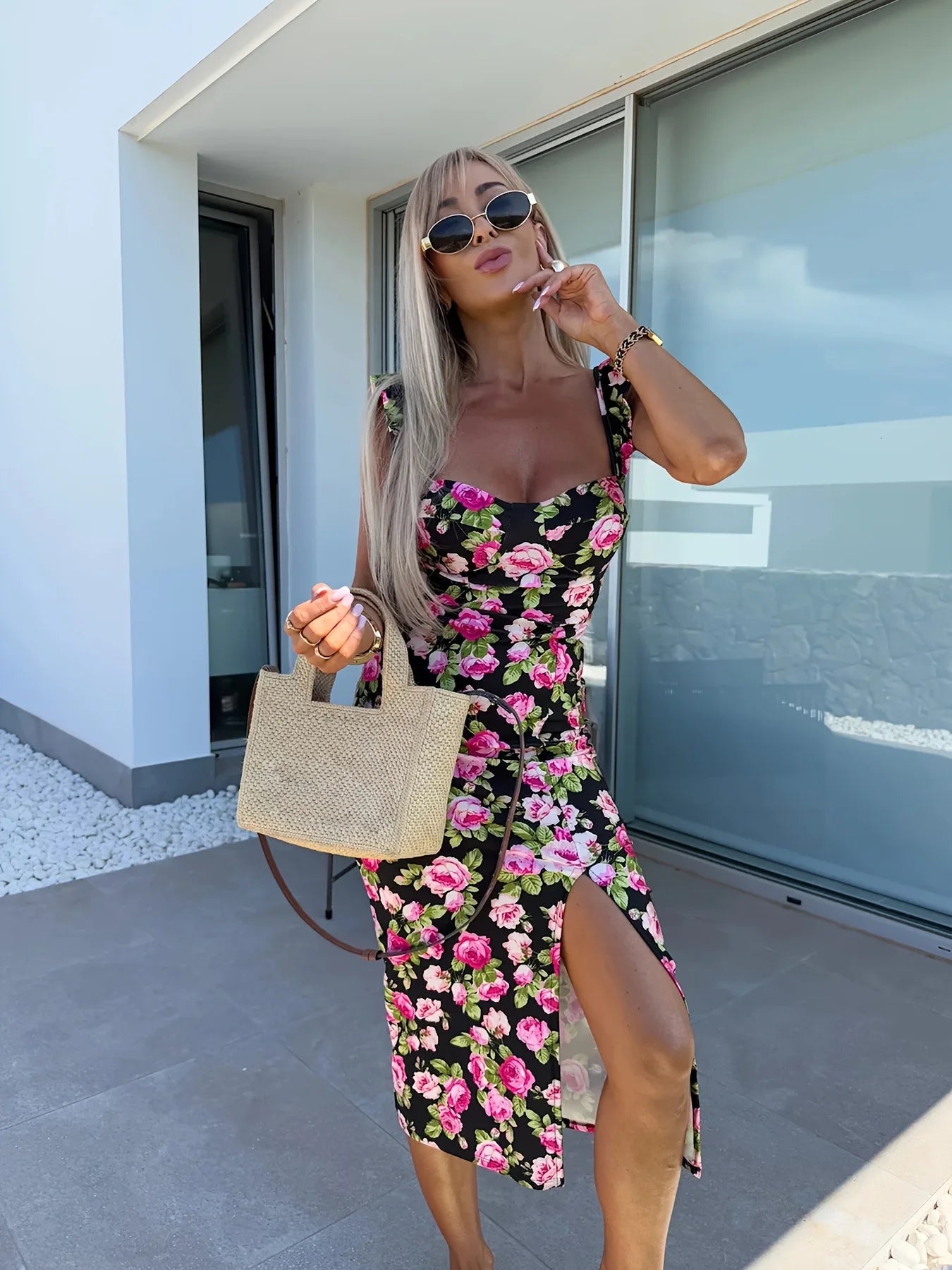 Summer new elegant design French floral camisole split midi dress for women