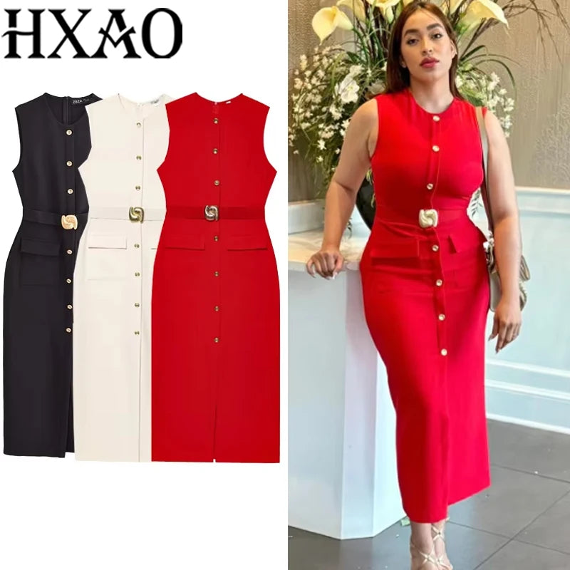 HXAO Red Black Women's Dress Sleeveless Casual Elegant Woman Party Dress Summer Belt Button Long Dresses Tank Midi Dress 088