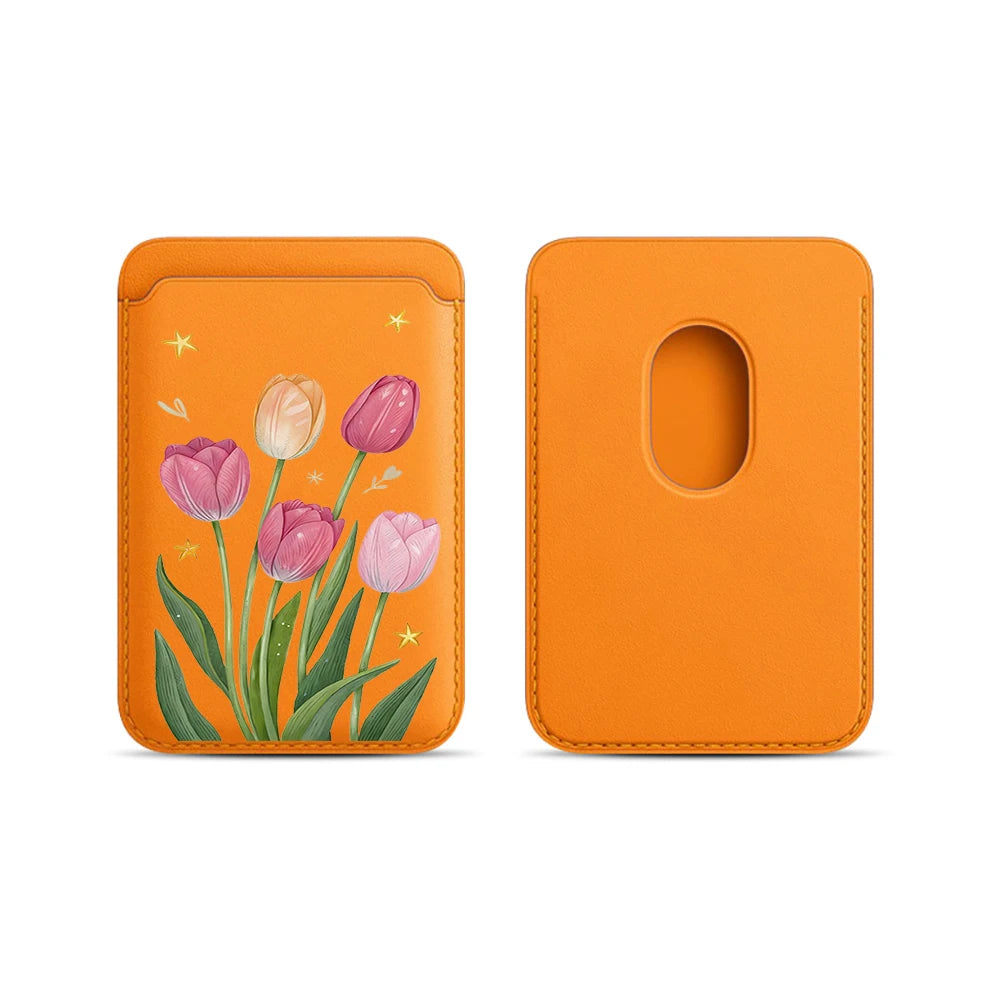 Tulip Flowers Leather Card Wallet Cases Phone Card Holder Magnetic Case Suitable For all iPhone for Magsafe Card Phone Back Bag