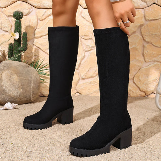 Winter Round Toe Sexy and Comfortable Knee High Thick Heeled Boots, Fashionable and Elegant Fashion Show Knight Boots for Women