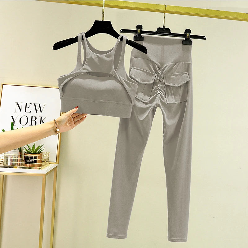 TRY TO BN Women's Tracksuit Yoga Set Sports Bra Leggings Pocket High Waist Pant Fitness Workout Cycling Sport Gym Outfit Clothes