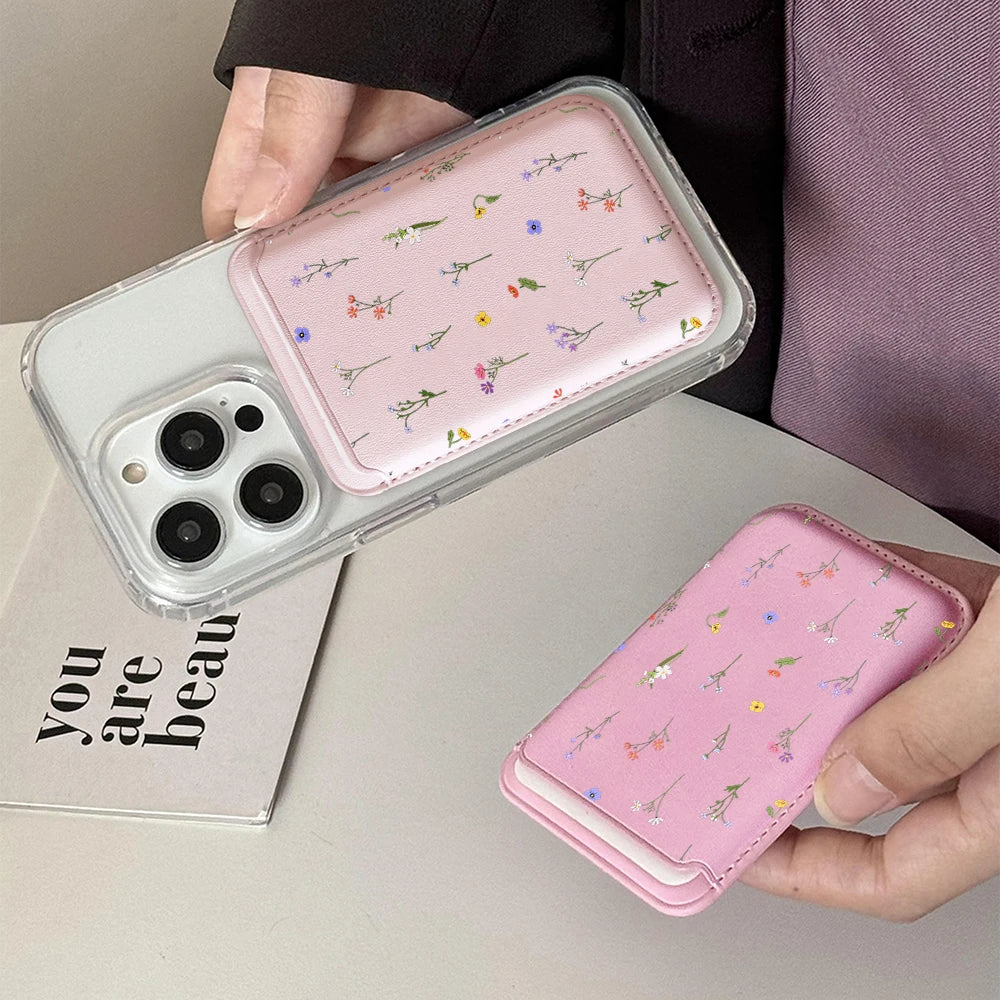 Leather Card Wallet Cover Magnetic Phone Card HolderPhone Back Bag Cute Flowers Case Suitable For all iPhone For Magsafe Card