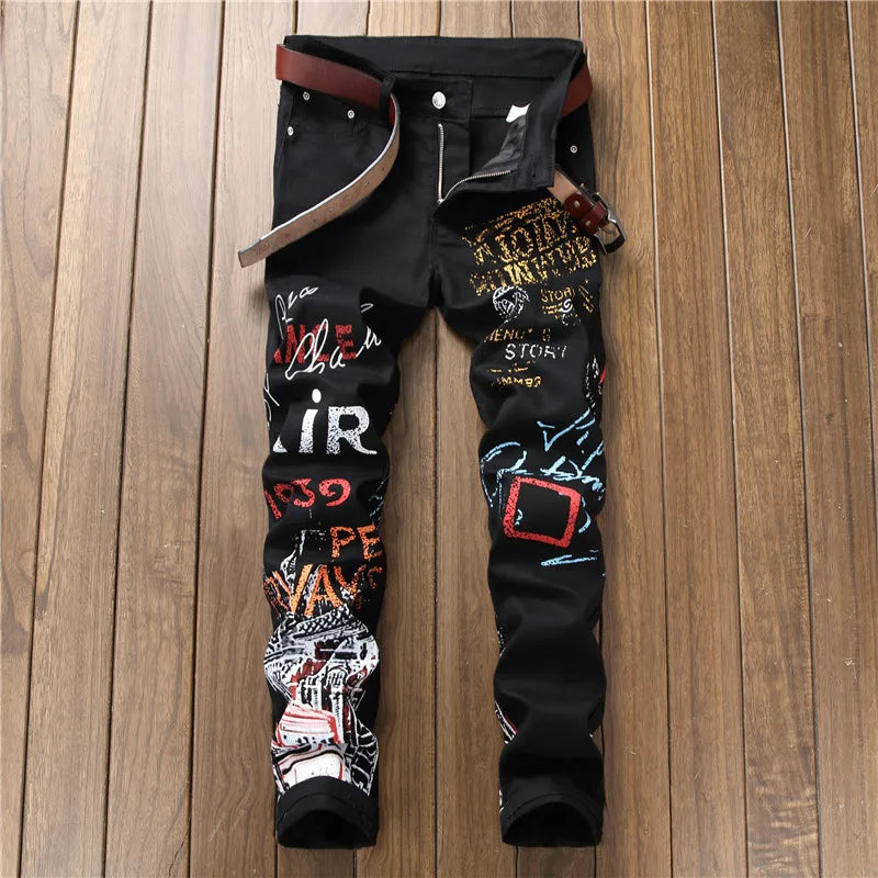 High Street Fashion Herren Jeans Nachtclub Schwarz Weiß Farbe Persönliche Designer Bedruckte Jeans Männer Punk Hosen Dünne Hip Hop Jeans