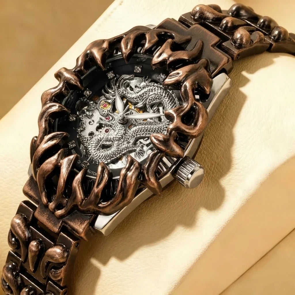 A men's black and gold steel strap casual niche carved dragon pattern mechanical watch