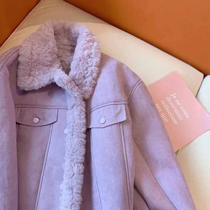 Purple Fur Integrated Lamb Fur Coat Women's Unique Autumn Winter Female Warmth Casual Jackets