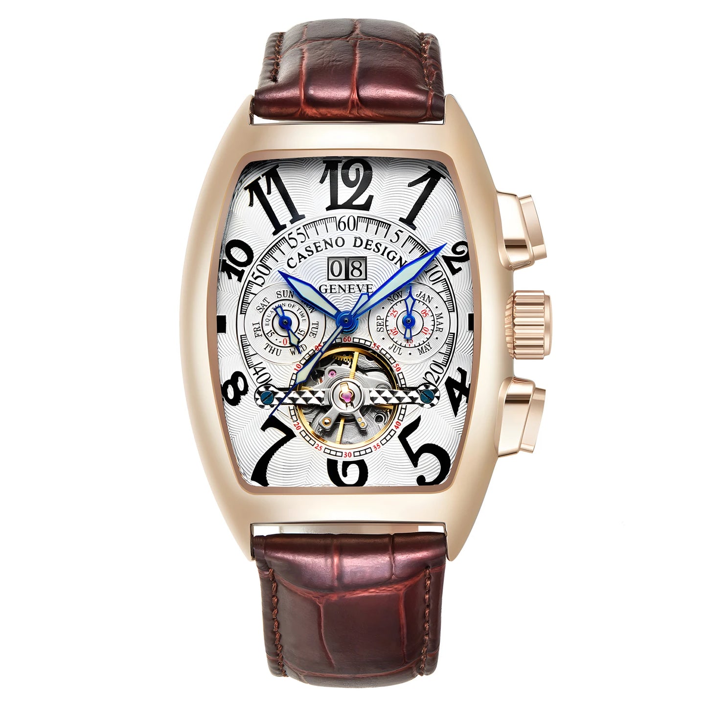 CASENO Top Luxury Brand Men's Fully Automatic Mechanical Tourbillon Watch Calendar Night Glow Tonneau Skeleton Watch -577G