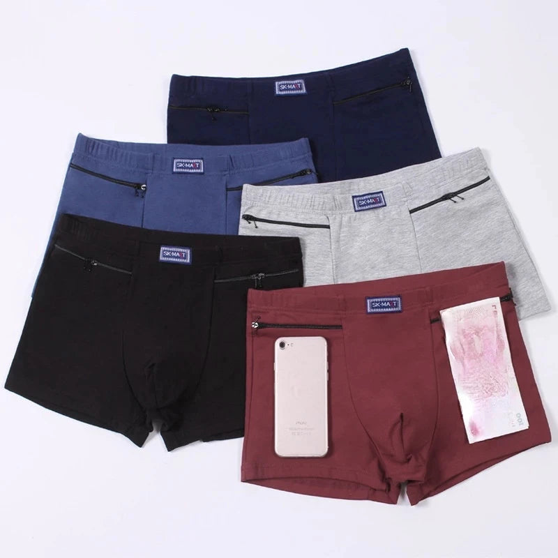 Men Cotton Boxer Panties Underwear Anti-theft Zippers Pockets Briefs Underpants Casual Solid Men's Boxers Shorts