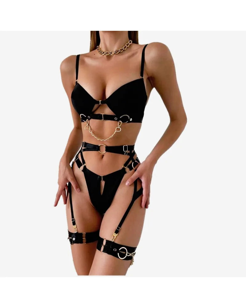 Toucheart Sexy Lingerie Suit for Women Sexy Fashionable Metal Chain Complex Craftsmanship Front Button Sex Hollow Out Underwear