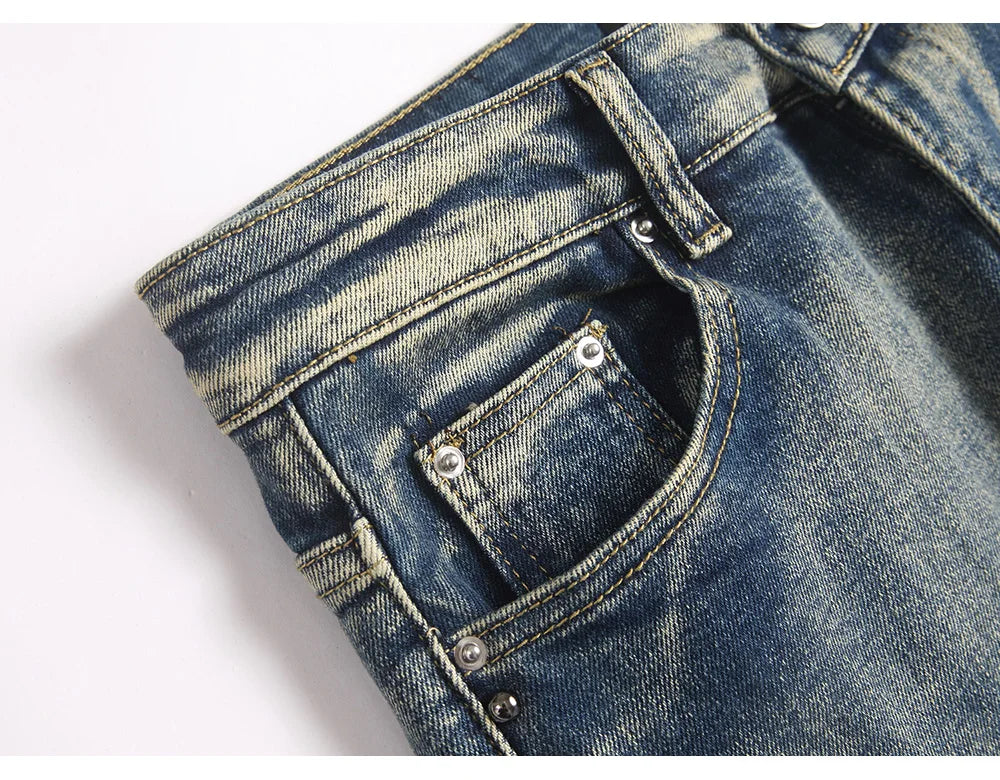 Men's Badge Patch Boot Cut Jeans Rivet Vintage Retro Blue Stretch Denim Pants Streetwear Slim Flared Trousers