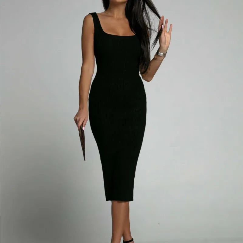 Summer Khaki Solid Kintted Square Collar Sleeveless Bodycon Dress Casual Slim Black White Mid Dresses For Women Vestidos 2024