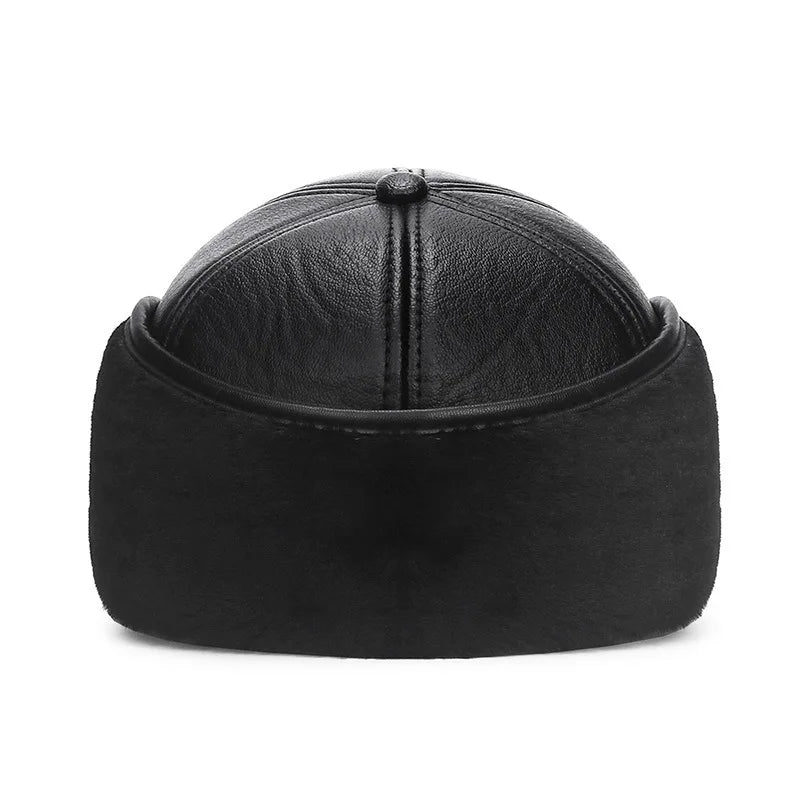 New Warm Winter Cap Black leather Fur Baseball Cap Hats For Men Snapback Women Casquette Bones Dad Caps Gorras Earflaps Thicken