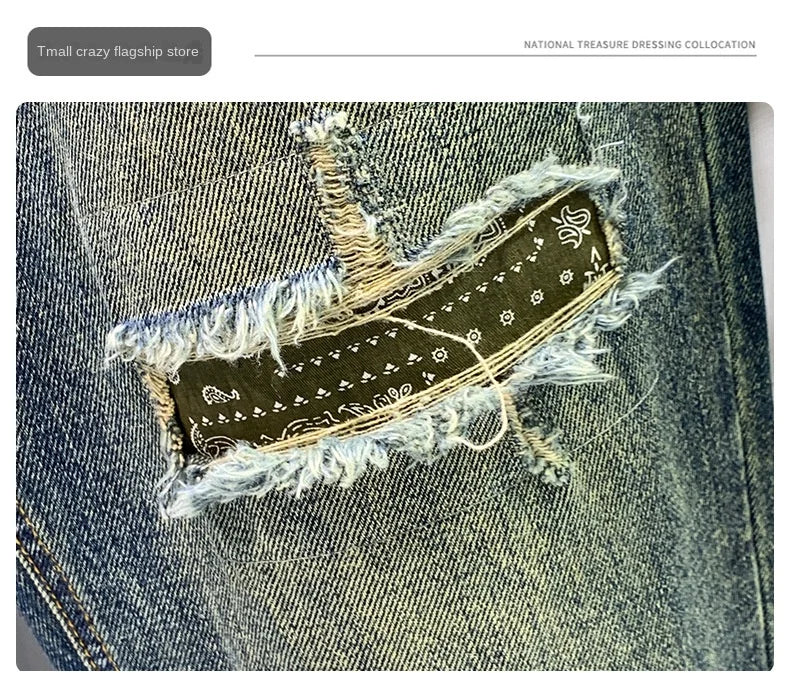 High Street Trendy Marke Retro Distressed Loose Harlan Jeans Herren Frühling und Herbst Neue personalisierte trendige Patch lange Hosen Me