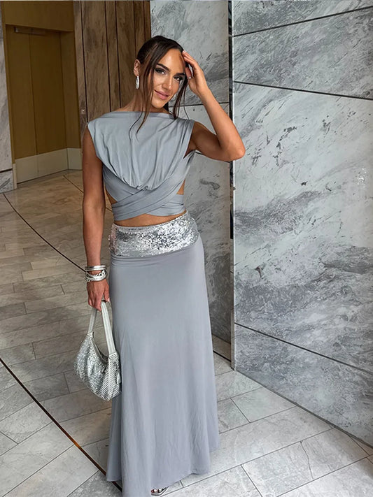 Sexy Lace Up Long Skirt Two Piece Set Sleeveless Backless Top Matching Cinched Waist Skirts Lady Birthday Christmas Evening Suit