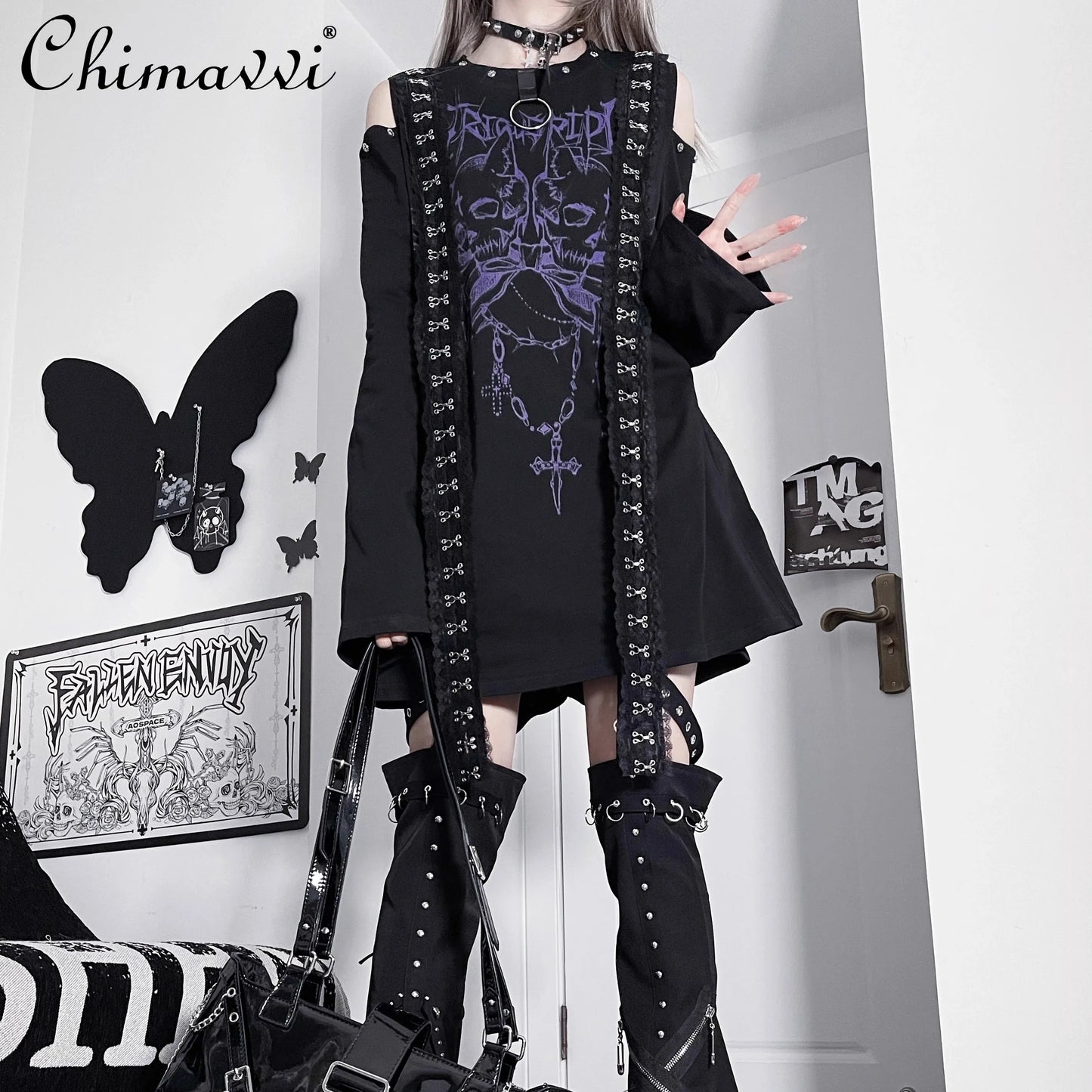 Original Gothic Printed Subculture T-shirt Top Spring New Japanese Punk Dark Girl Loose Long-sleeved Off-the-shoulder Tshirts