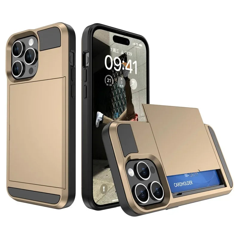 Phone Case for IPhone 16 15 14 Plus 13 12 11 Pro Max Wallet with Card Holder Slot Sliding Pocket Dual Layer Protective Cover