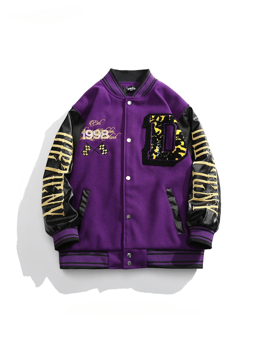 Herren Stehkragen Gespleißte Lederstickerei Wolljacken Trendy Street Hip Hop Hübscher Casual Loose Einreihiger Mantel