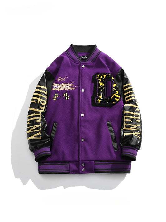 Herren Stehkragen Gespleißte Lederstickerei Wolljacken Trendy Street Hip Hop Hübscher Casual Loose Einreihiger Mantel