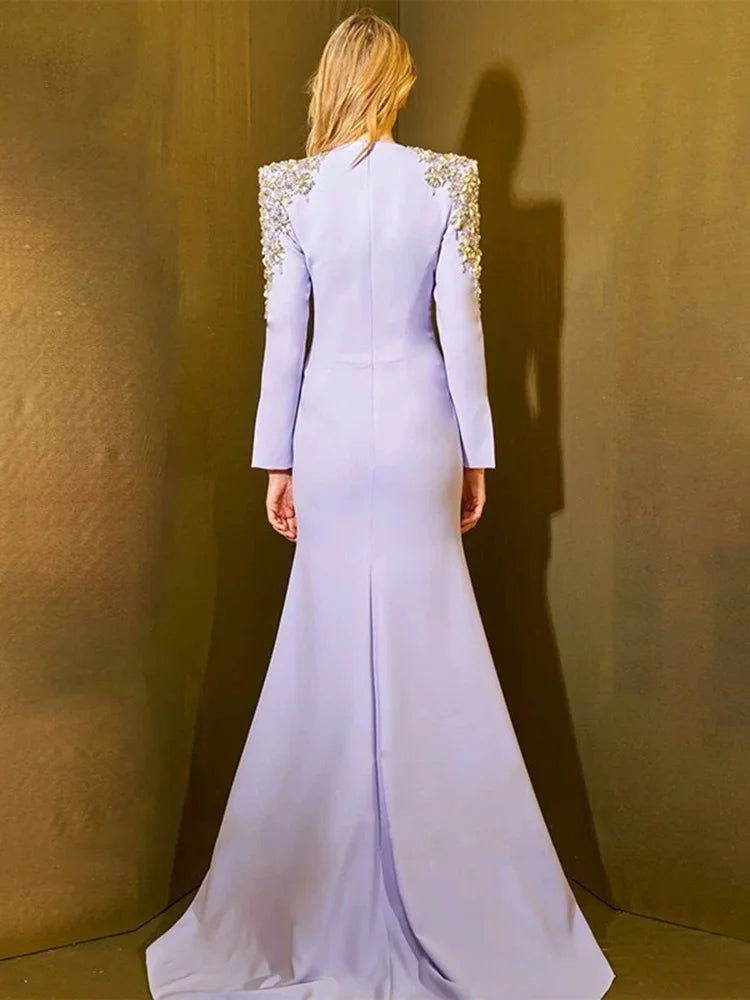 HIGH STREET Newest Fashion  Designer Party Vestido Women's Diamonds Beaded Split Long Maxi Dress