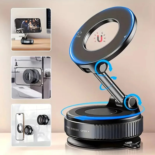Strong Magnetic Car Phone Holder Foldable Magsafe Design 360° Adjustable Vacuum Mount for Car/Desk/Bathroom/Universal Use Metal