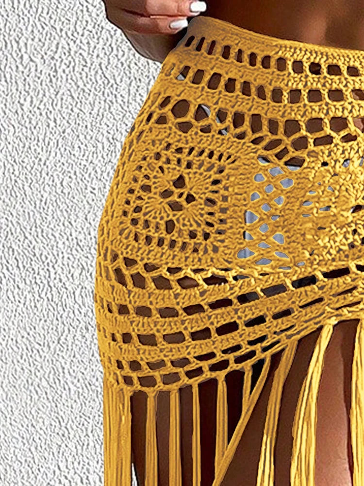 Crochet Tassel Bikini Cover Up Dress Beach Wear Women Tie Up Bather Bathing Suit Tassel Long Skirt Swimsuit Cover Up Beach Dress
