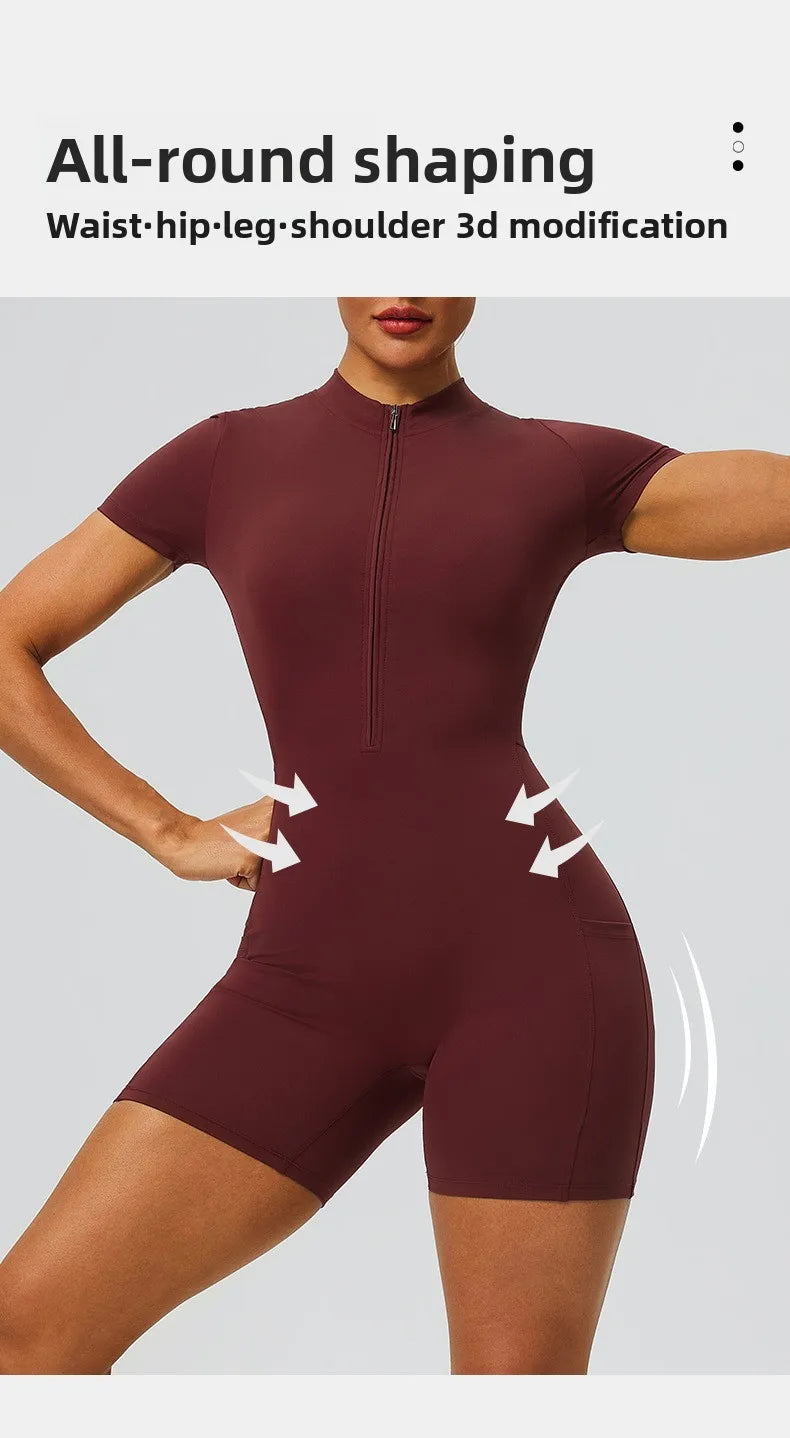Women's zipper short sleeved yoga jumpsuit with functional pockets for hip lifting and tight fitting sports jumpsuit shorts