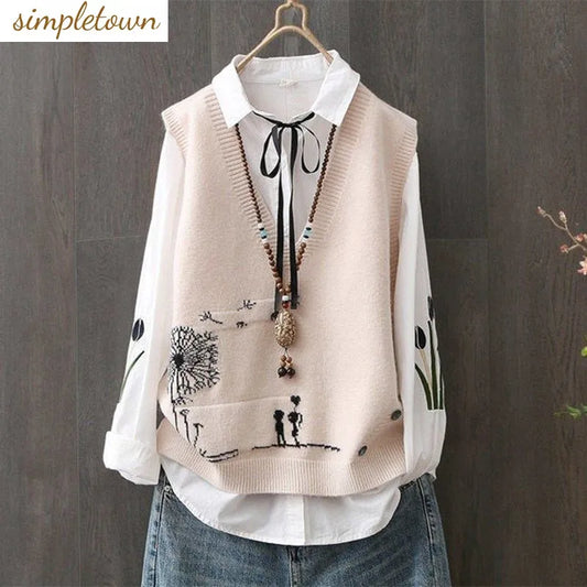 2023 Spring and Autumn New Korean V-neck Knitted Tank Top for Women's Casual Loose Sleeveless Age Reducing Top