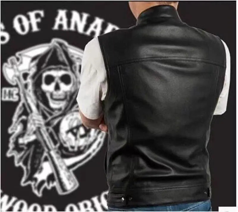 Son of Chaos in Motorcycle Style: Harley Motorcycle PU Leather Embroidered Vest Kam Shoulder Punk Fashion Leather Coat for Men