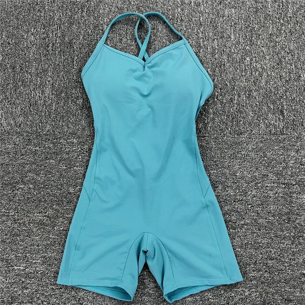 Rückenfreier Sportanzug für Damen, 2023, Lycra, Fitness-Overall, einteiliger Overall, Shorts, Sport-Outfit, Fitnessstudio, Trainingskleidung für Damen, Sportbekleidung