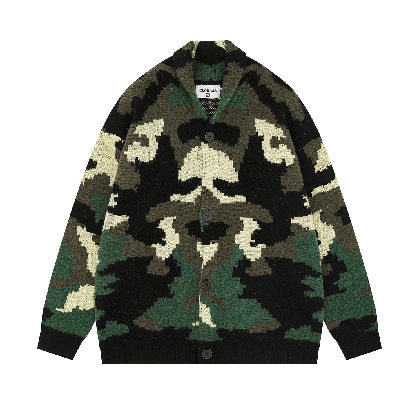Vintage Camouflage Knitted Cardigan Jacket Autumn and Winter Print Button Stand Collar  Knitwear for Men Baggy Sweater Coat