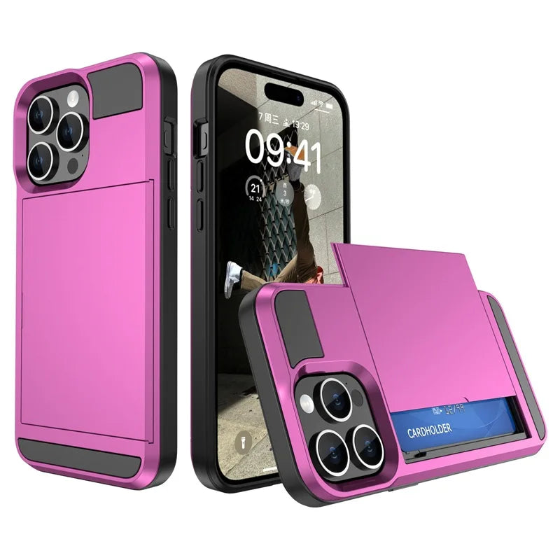 Phone Case for IPhone 16 15 14 Plus 13 12 11 Pro Max Wallet with Card Holder Slot Sliding Pocket Dual Layer Protective Cover